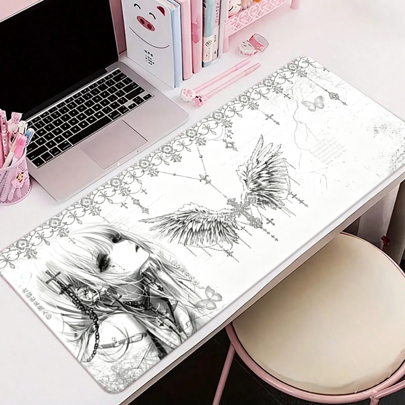 Tech Accessories For Desk - Leder-Mauspad Schwarz Weiß Anime Ästhetik Engel-Mädchen